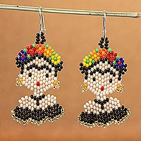 Beaded dangle earrings, 'Frida in Black' - Handmade Beaded Frida Dangle Earrings