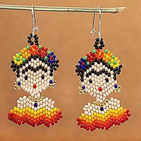 Beaded dangle earrings, 'Frida in Red and Yellow' - Handmade Beaded Earrings on Sterling Silver Hooks