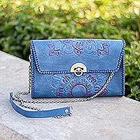 Leather clutch or shoulder bag, 'Blue Mandala' - Versatile Blue Leather Shoulder Bag or Clutch