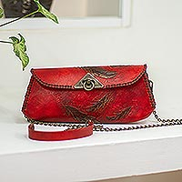 Leather baguette clutch or shoulder bag, 'Red Feathers' - Feather Motif Hand Tooled Leather Baguette Bag