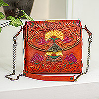 Leather clutch or shoulder bag, 'Golden Blossoms' - Orange Floral Hand Tooled Leather Shoulder Bag or Clutch
