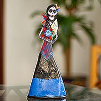 Papier mache sculpture, 'Catrina with Lilies' - Mexican Skeletal Catrina Papier Mache Statuette