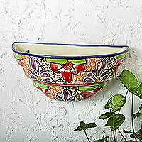 Ceramic wall planter, 'Colorful Garden' - Half Round Talavera Style Ceramic Wall Planter
