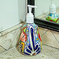 Ceramic soap dispenser, 'Talavera Bouquet' - Talavera-Style Ceramic Liquid Soap Dispenser
