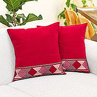 Cotton cushion covers, 'Red Maya Diamonds' (pair) - 2 Handwoven Red Cotton Cushion Covers w/ Pink & Grey