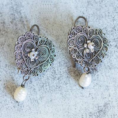 Cultured pearl filigree dangle earrings, Resplendent Heart