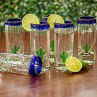 Blown glass tequila glasses, 'Bottoms Up' (set of 6) - Hand Blown Tequila Glasses with Cactus Set of 6