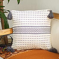 Cotton cushion cover, 'Oaxaca Cross Stitch in Grey' - White and Grey Hand Loomed Cotton Cushion Cover