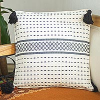 Cotton cushion cover, 'Oaxaca Cross Stitch in Black' - Patterned Grey and White Cushion Cover