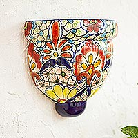 Ceramic wall planter, 'Talavera Flowers' - Talavera-Style Ceramic Wall Planter