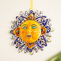 Ceramic wall accent, 'Beneficent Sun' - Talavera-Style Ceramic Sun Wall Accent