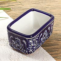 Ceramic sugar packet tray, 'Puebla Kaleidoscope' - Blue and White Talavera Style Ceramic Sugar Packet Tray