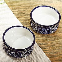 Ceramic dessert bowls, 'Puebla Kaleidoscope' (pair) - 2 Blue and White Talavera Style Ceramic Dessert Bowls