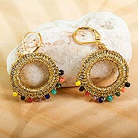 Beaded crocheted dangle earrings, 'Golden Festival' - Crocheted Golden Earrings with Gold Plated Lever-Back Hooks