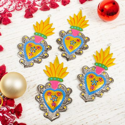 Metal ornaments, Yellow Hearts Aflame (set of 4)