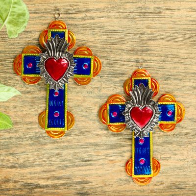 Tin wall crosses, Sacred Heart in Blue (pair)