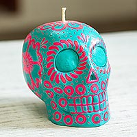 Hand-painted candle, 'Pink and Turquoise Skull' - Pink & Turquoise Mexican Day of the Dead Skull Candle
