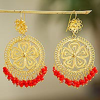 Gold plated filigree chandelier earrings, 'Ornate Daisy' - Scarlet Beaded Gold Plated Chandelier Earrings