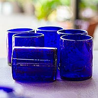 Blown glass juice glasses, 'Paloma Azul' (set of 6) - Blue Etched Hand Blown Juice Glasses (Set of 6)