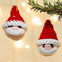 Crocheted ornaments, 'Old-Fashioned Santa' (pair) - Hand Crocheted Santa Head Ornaments (Pair)