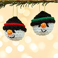 Crocheted ornaments, 'Snowman Smiles' (pair) - Handmade Crocheted Snowman Head Ornaments (Pair)