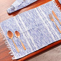 Cotton placemats, 'Inspiration in Azure' (set of 4) - Hand Loomed Placemats in Blue and White (set of 4)