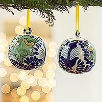 Ceramic ornaments, 'Festive Talavera' (pair) - Talavera-Style Ceramic Christmas Ornaments (Pair)
