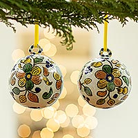 Ceramic ornaments, 'Christmas in Puebla' (pair) - Floral Handmade Ceramic Ornaments (Pair)