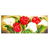 'Red Tulips with Calla Lilies' - Signed Realistic Oil Painting of Red Tulips and Lilies