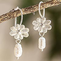 Cultured pearl dangle earrings, 'Darling Daisies' - Mexican Sterling Silver Daisy Earrings with Cultured Pearl