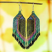 Glass beaded waterfall earrings, 'Luscious Teal Fringe' - Huichol Green-Black-Purple Beadwork Waterfall Earrings