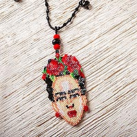 Glass beaded pendant necklace, 'Immortal Frida' - Handcrafted Frida Kahlo Huichol Necklace in Beadwork