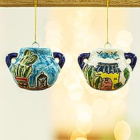 Ceramic ornaments, 'What's Cooking?' (pair) - Two Handcrafted Ceramic Cook Pot Ornaments from Mexico