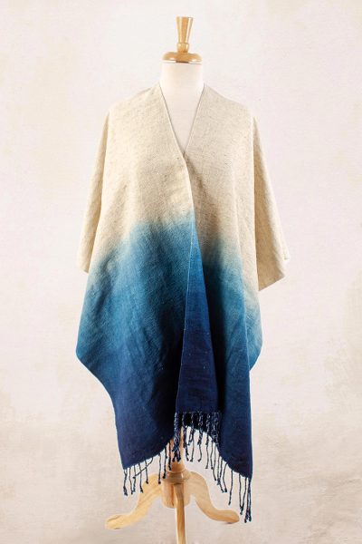 Unisex wool ruana, 'Indigo Ombré' - Indigo and Ivory Unisex Ruana