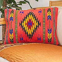 Wool cushion cover, 'Zapotec Arrows in Coral' - Hand Loomed Wool Cushion Cover