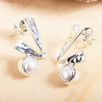 Cultured pearl drop earrings, 'Check' - Drop Earrings with White Cultured Pearls