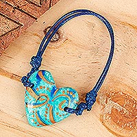 Papier mache pendant bracelet, 'Seafoam and Sunlight' - Papier Mache Blue & Aqua Golden Accent Heart Bracelet