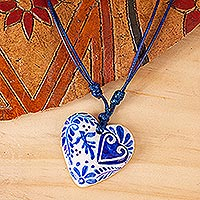 Papier mache heart necklace, 'Talavera Swallow' - Blue & White Talavera Theme Papier Mache Heart Necklace