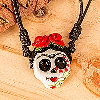 Hand painted pendant necklace, 'Romantic Calavera' - Skull Pendant Necklace on Adjustable Cord