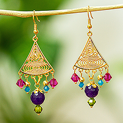 Gold-plated filigree earrings, 'Vibrant' - Gold-plated Agate And Swarovski Dangle Earrings From Mexico