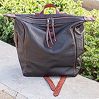 Leather backpack, 'Onward Journey' - Multi-Pocket Black Leather Backpack