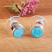 Turquoise stud earrings, 'Sea Meets Sky' - Taxco Sterling Silver and Natural Turquoise Stud Earrings