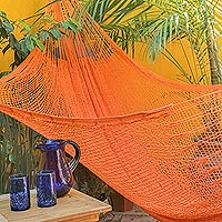 Cotton rope hammock, 'Sunset Siesta' (Triple) - Flame Orange Cotton Rope Hammock (Triple) from Mexico