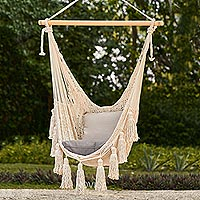 Cotton hammock swing, 'Ocean Seat in Ivory'  (single) - Ivory Tasseled Cotton Rope Mayan Hammock Swing from Mexico