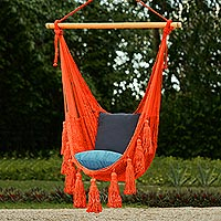 Cotton hammock swing, 'Ocean Seat in Orange' (single) - Orange Tasseled Cotton Rope Mayan Hammock Swing from Mexico