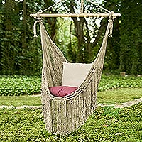 Cotton rope hammock swing, 'Grey Cascade' (Single) - Grey Cotton Hammock Swing Chair from Mexico (Single)