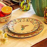 Ceramic salad plates, 'Colibri' (pair) - Hummingbird-Themed Ceramic Salad Plates (Pair)