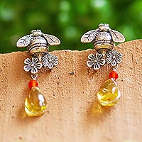 Amber and carnelian dangle earrings, 'Golden Bees' - Bee-Themed Amber Dangle Earrings from Mexico