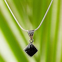 Obsidian pendant necklace, 'Black Splendor' - Taxco Silver and Obsidian Pendant Necklace from Mexico
