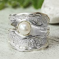 Cultured pearl cocktail ring, 'Bold Look' - Single Cultured Pearl Cocktail Ring from Mexico